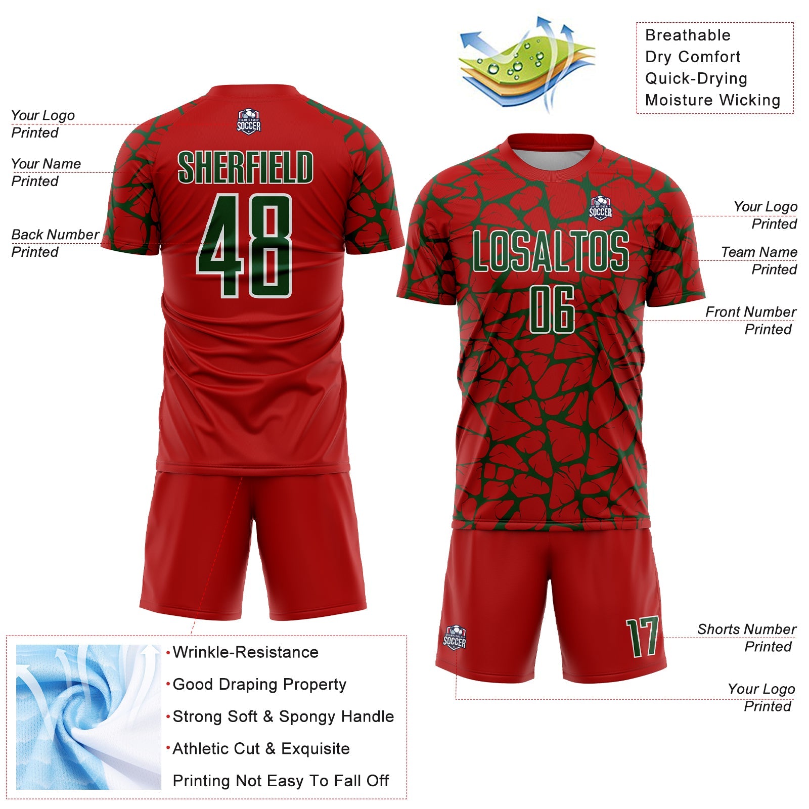 Custom Red Green-White Abstract Network Splash Sublimation Soccer Uniform Jersey view 4