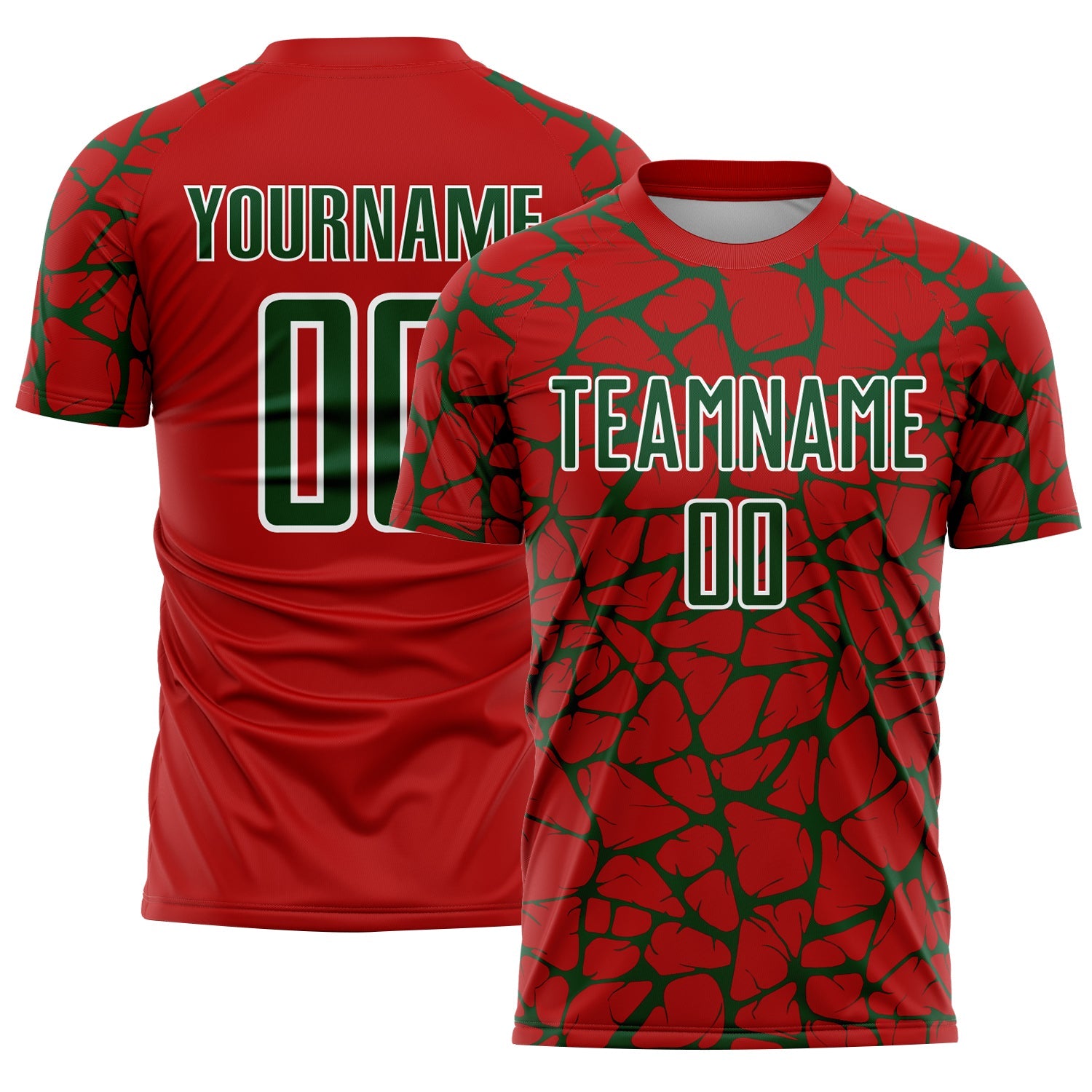 Custom Red Green-White Abstract Network Splash Sublimation Soccer Uniform Jersey - Main View
