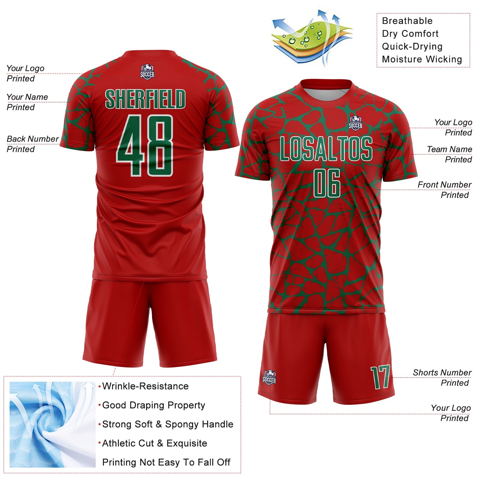 Custom Red Kelly Green-White Abstract Network Splash Sublimation Soccer Uniform Jersey view 4