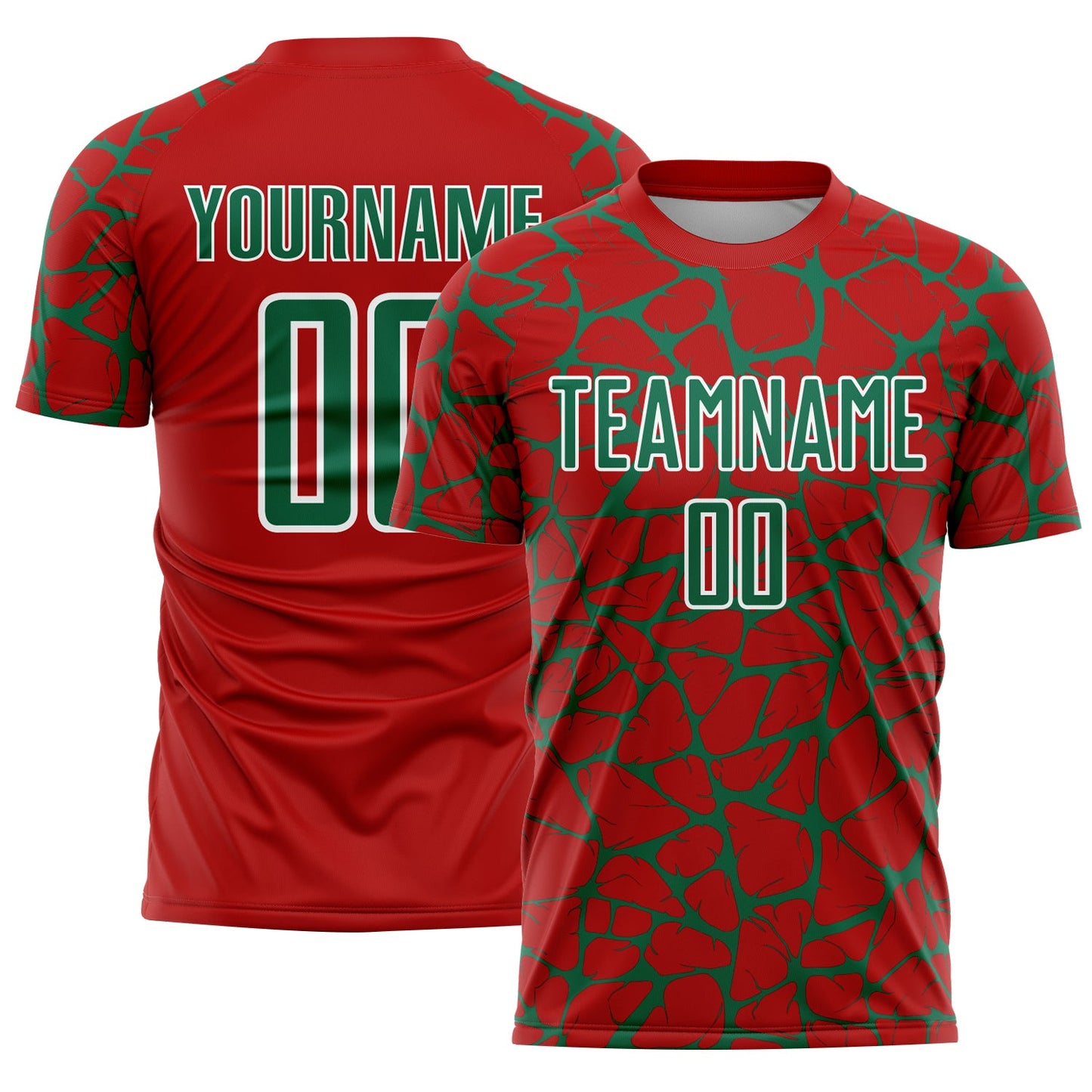 Custom Red Kelly Green-White Abstract Network Splash Sublimation Soccer Uniform Jersey - Main View