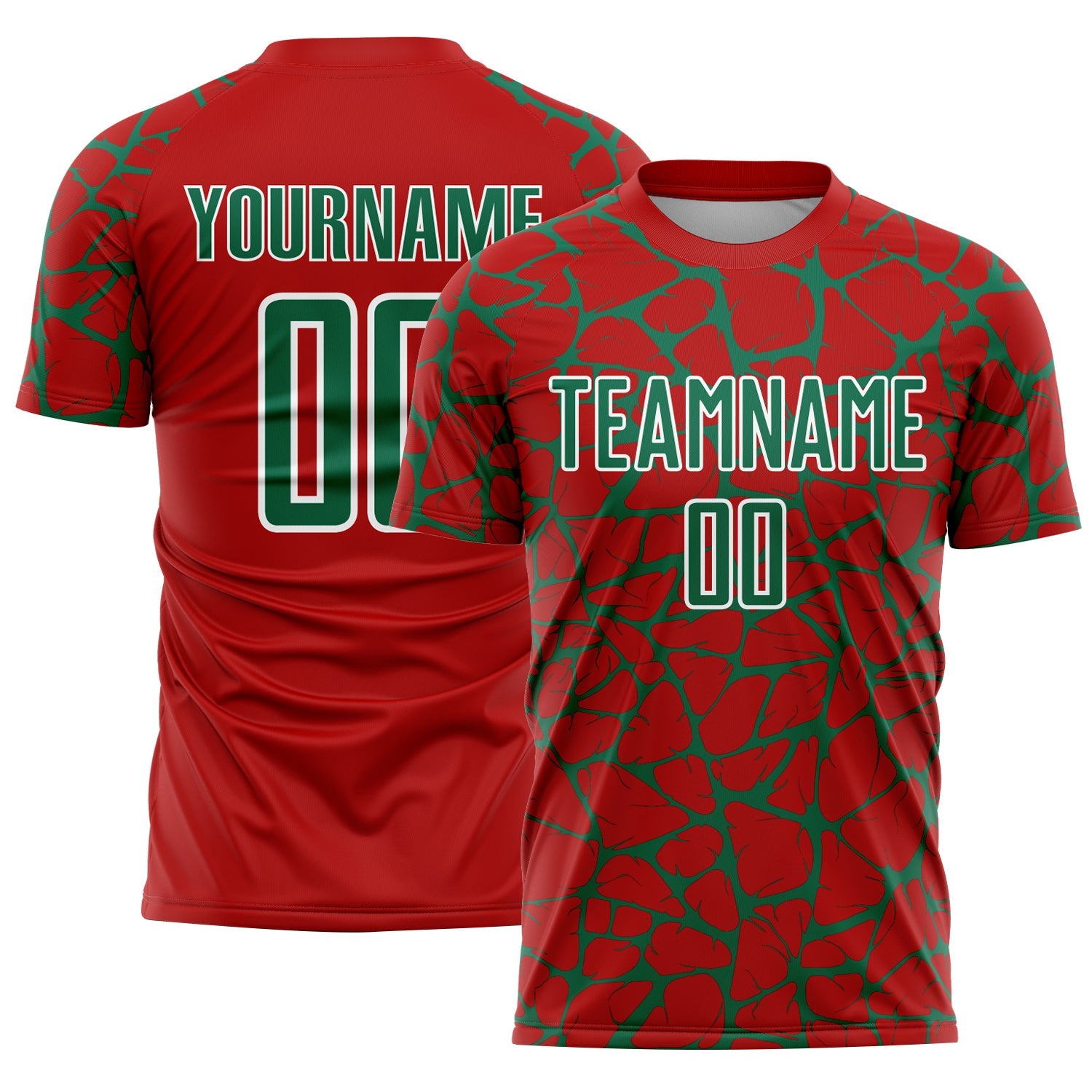 Custom Red Kelly Green-White Abstract Network Splash Sublimation Soccer Uniform Jersey - Main View