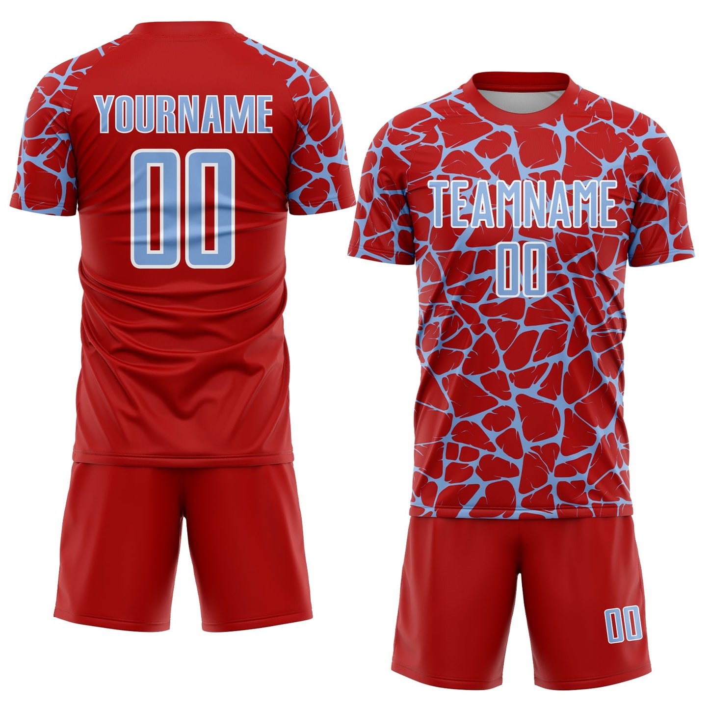 Custom Red Light Blue-White Abstract Network Splash Sublimation Soccer Uniform Jersey view 2