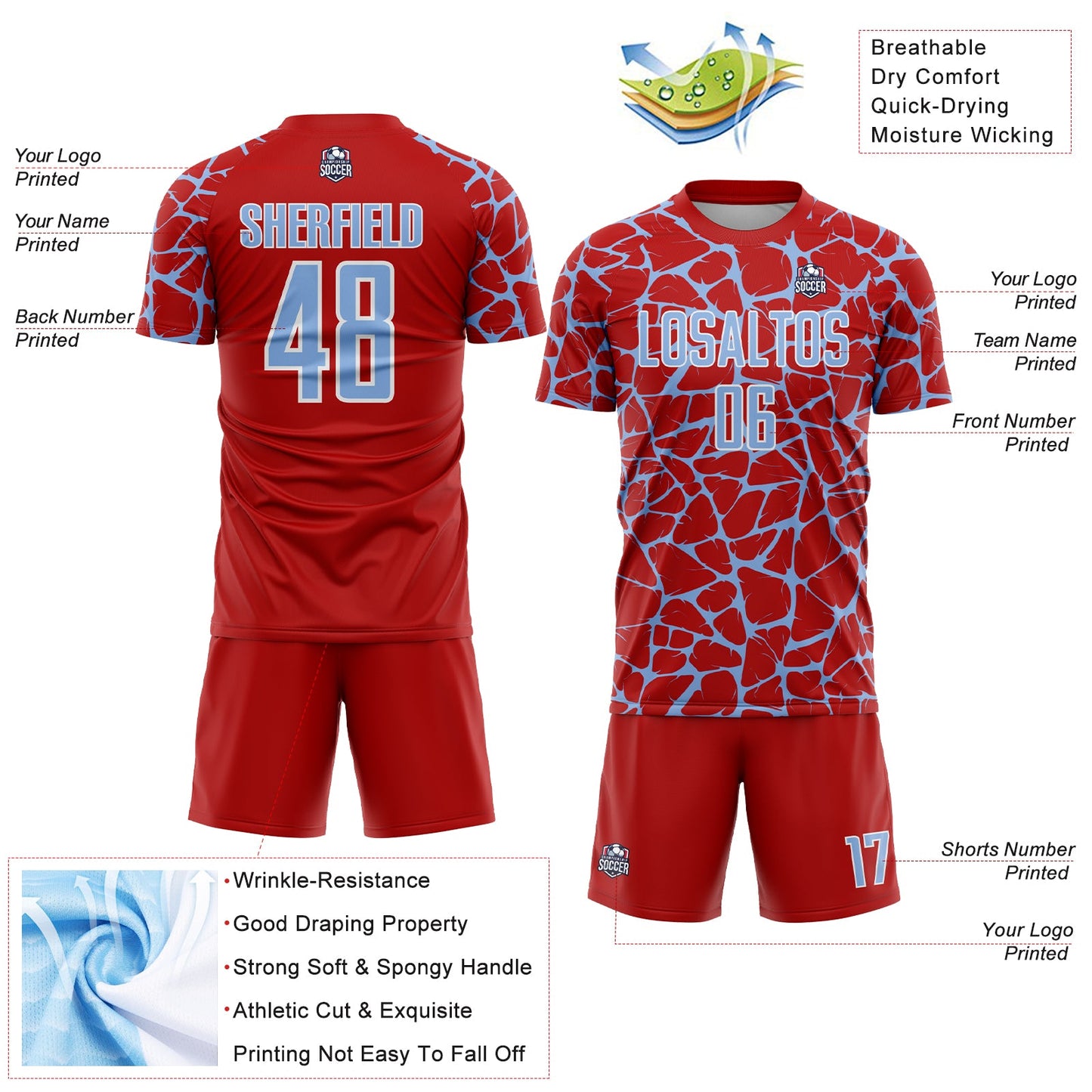 Custom Red Light Blue-White Abstract Network Splash Sublimation Soccer Uniform Jersey view 4