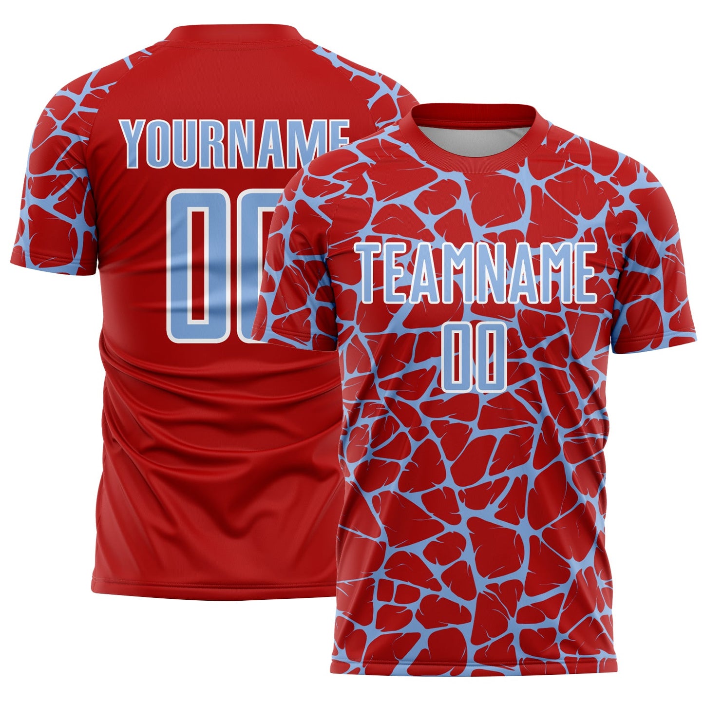 Custom Red Light Blue-White Abstract Network Splash Sublimation Soccer Uniform Jersey - Main View