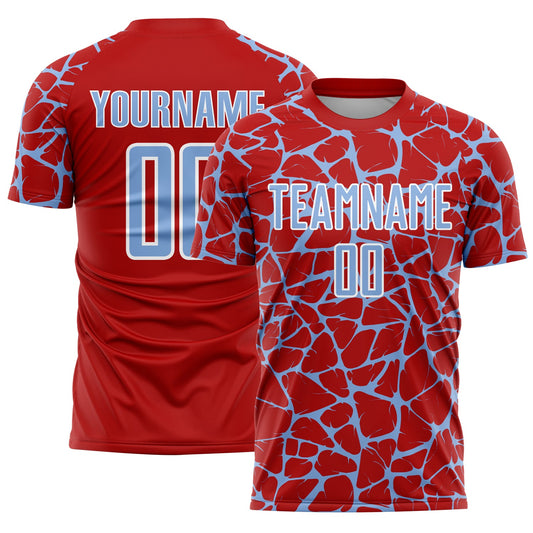 Custom Red Light Blue-White Abstract Network Splash Sublimation Soccer Uniform Jersey - Main View