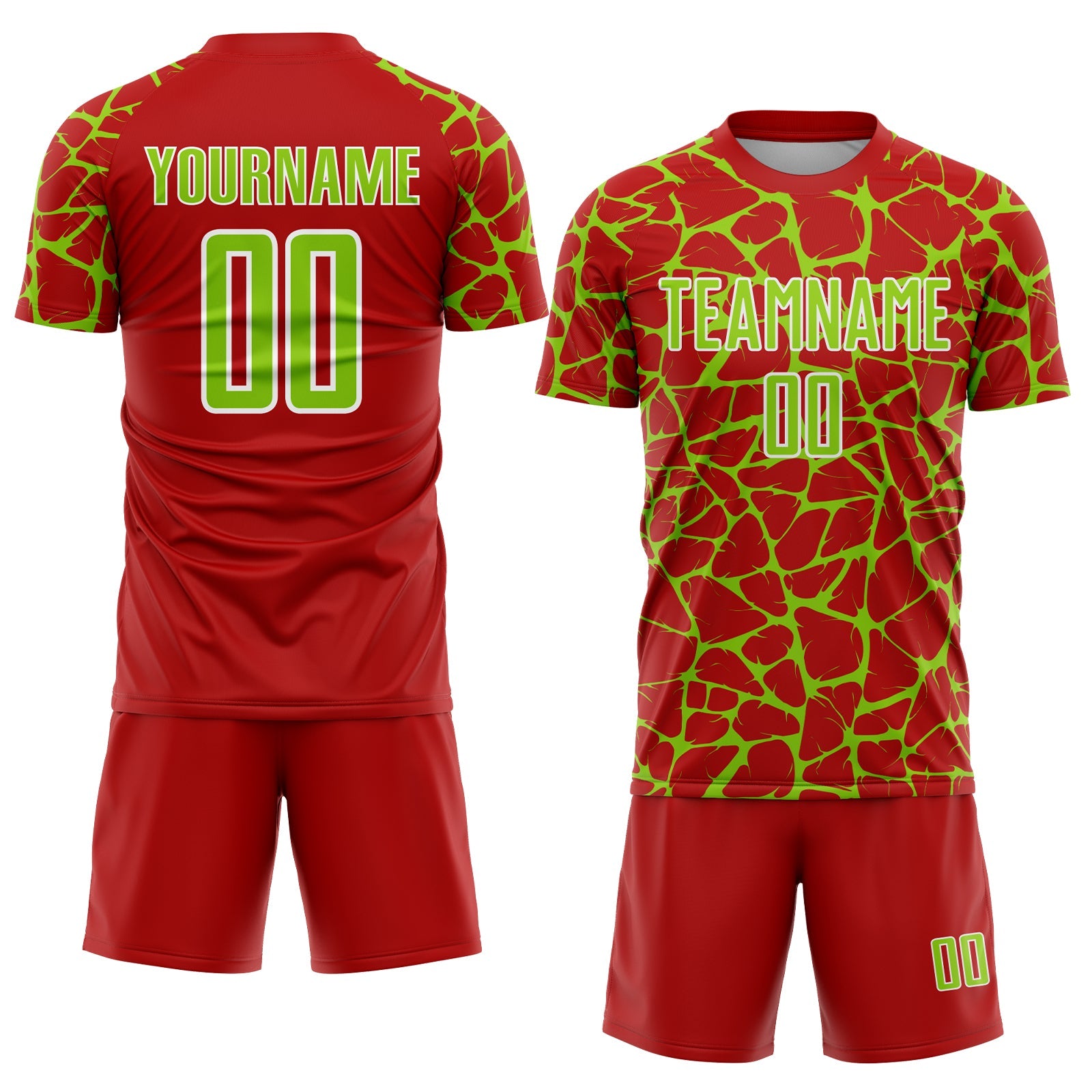 Custom Red Neon Green-White Abstract Network Splash Sublimation Soccer Uniform Jersey view 2