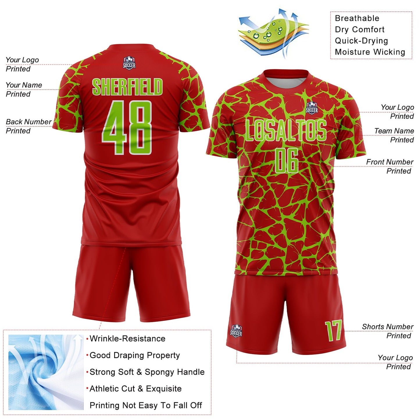 Custom Red Neon Green-White Abstract Network Splash Sublimation Soccer Uniform Jersey view 4