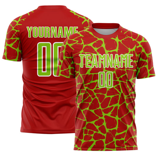 Custom Red Neon Green-White Abstract Network Splash Sublimation Soccer Uniform Jersey - Main View