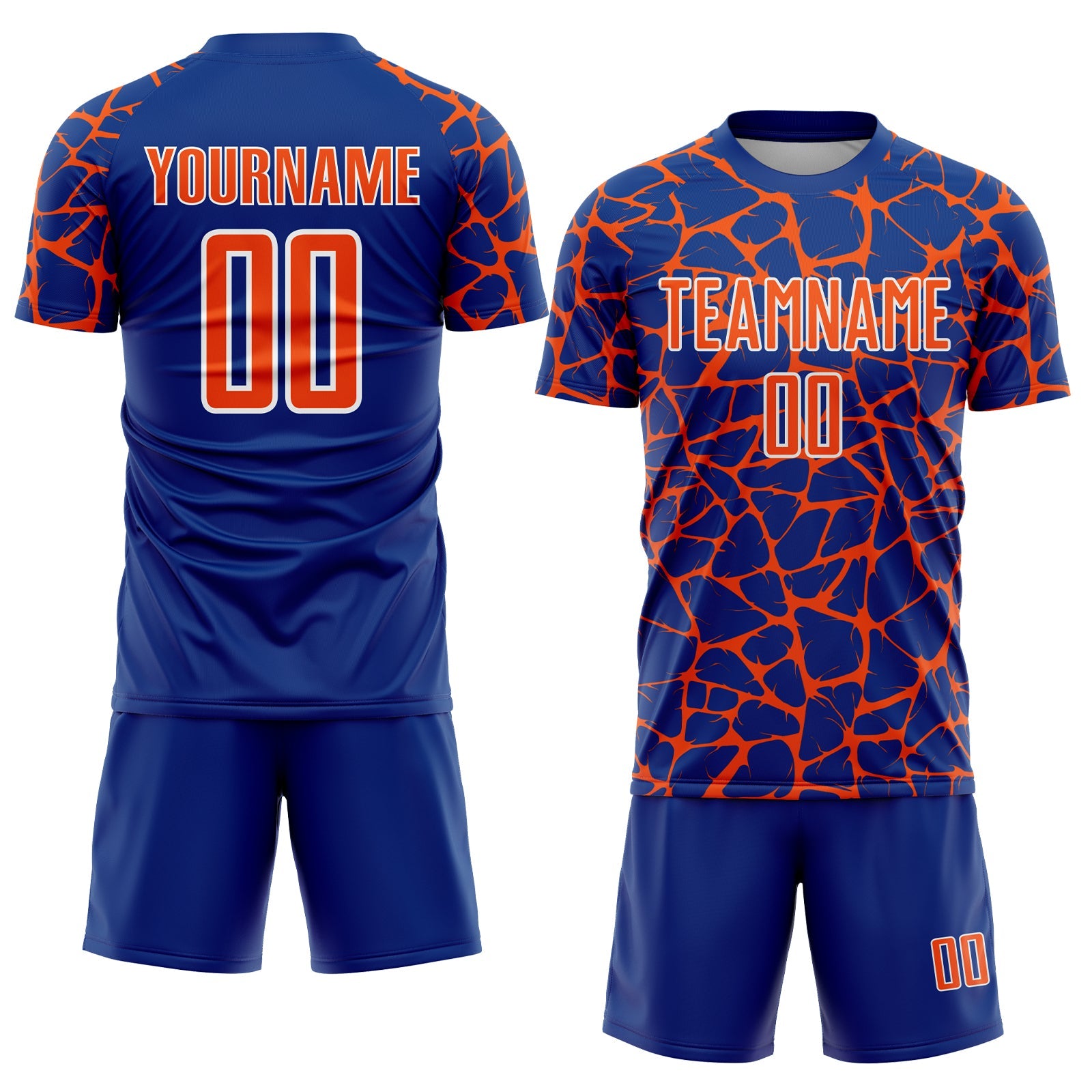 Custom Royal Orange-White Abstract Network Splash Sublimation Soccer Uniform Jersey view 2