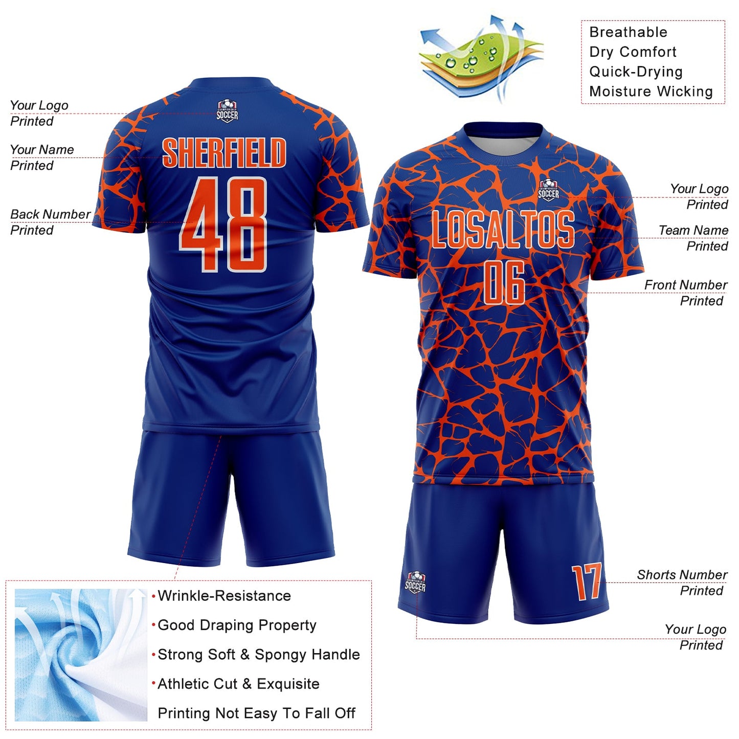 Custom Royal Orange-White Abstract Network Splash Sublimation Soccer Uniform Jersey view 4