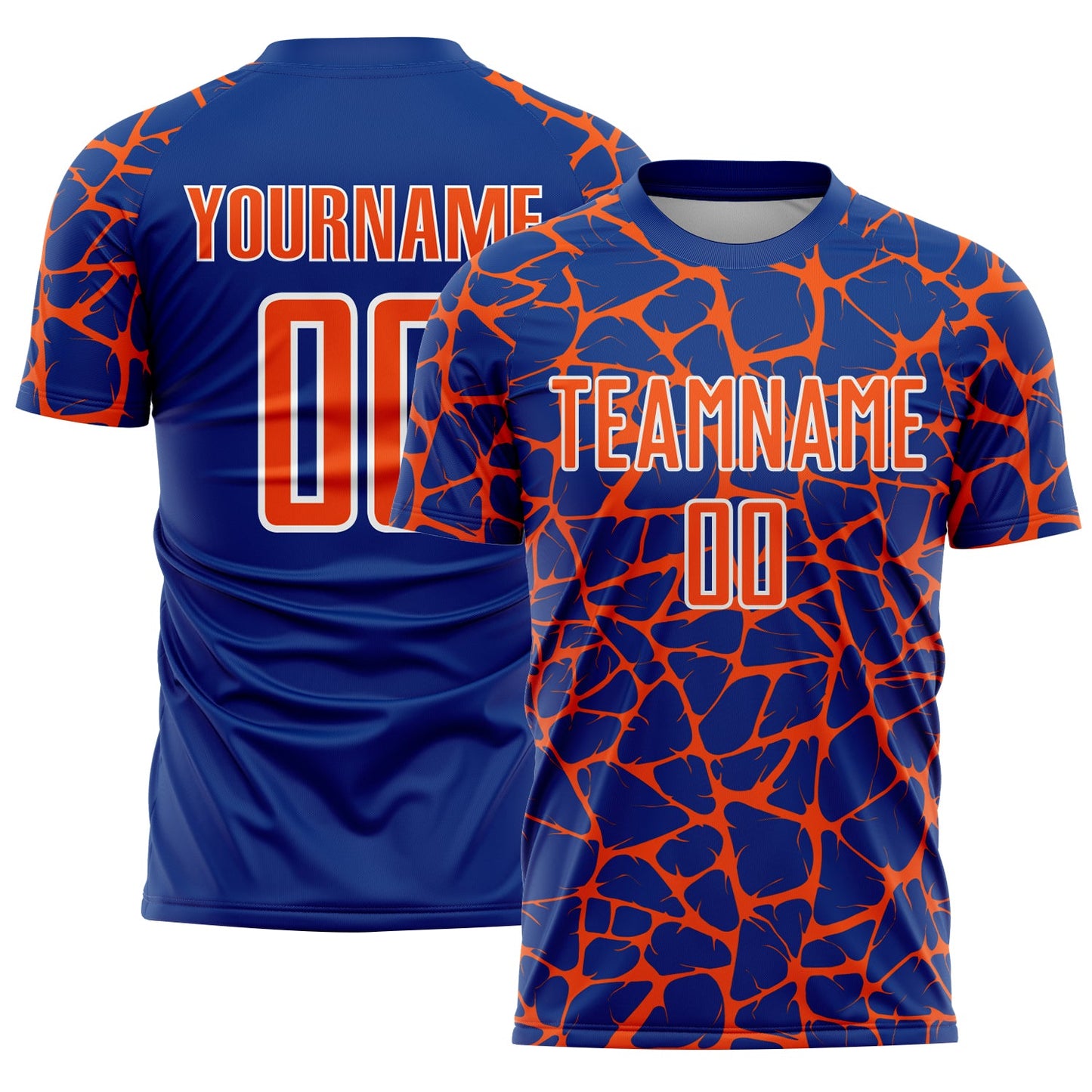 Custom Royal Orange-White Abstract Network Splash Sublimation Soccer Uniform Jersey - Main View