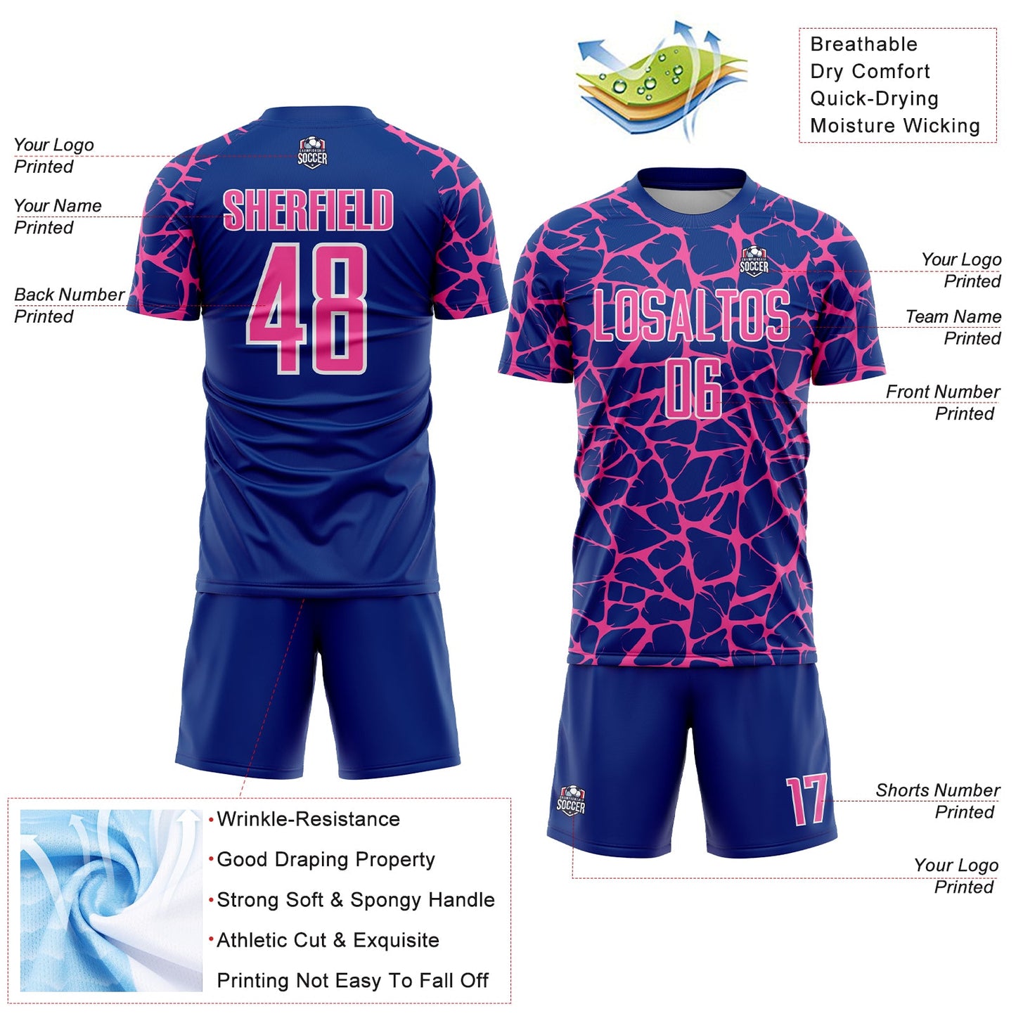 Custom Royal Pink-White Abstract Network Splash Sublimation Soccer Uniform Jersey view 4