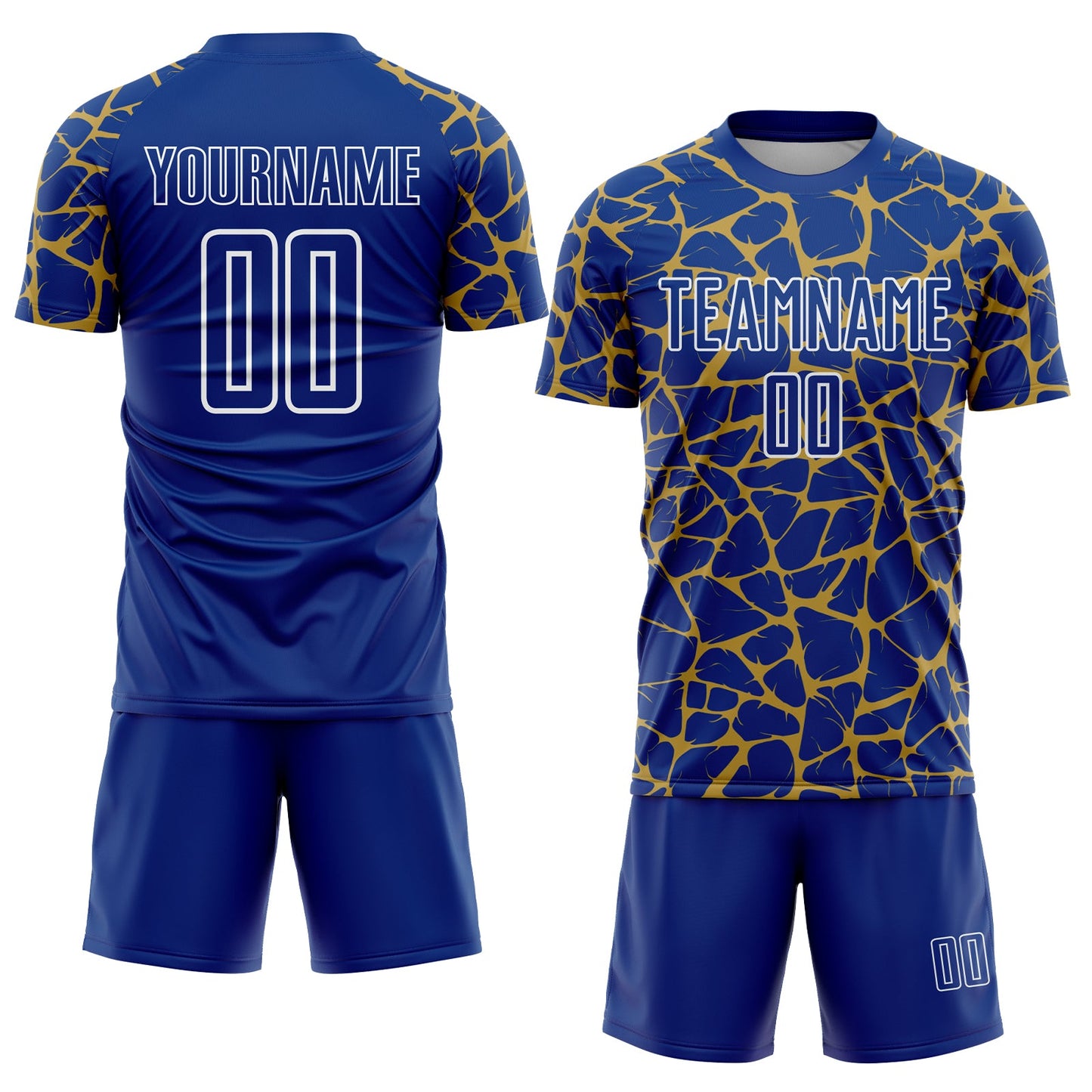 Custom Royal Old Gold-White Abstract Network Splash Sublimation Soccer Uniform Jersey view 2