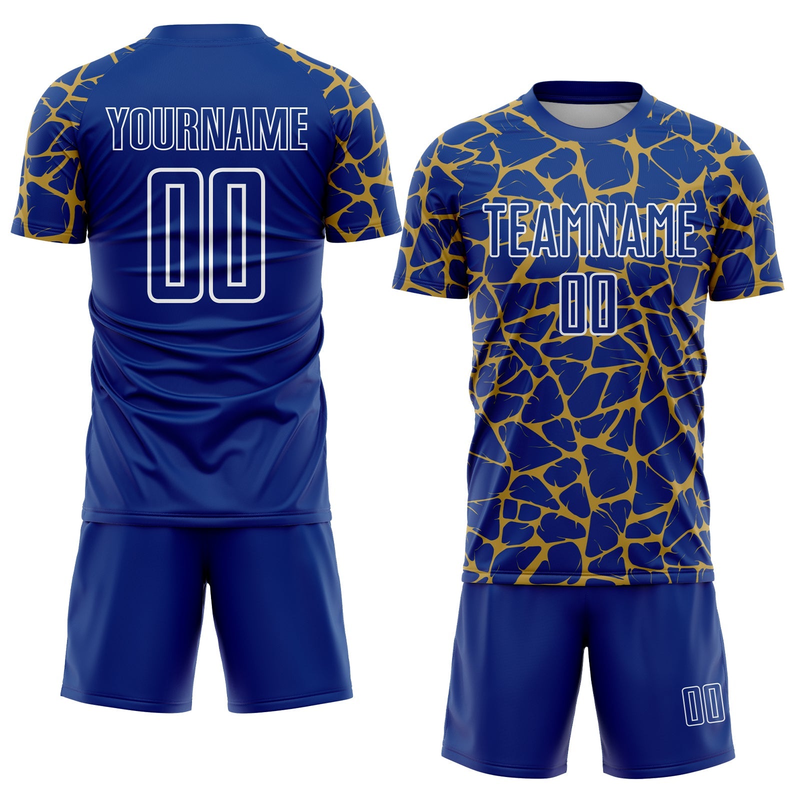 Custom Royal Old Gold-White Abstract Network Splash Sublimation Soccer Uniform Jersey view 2