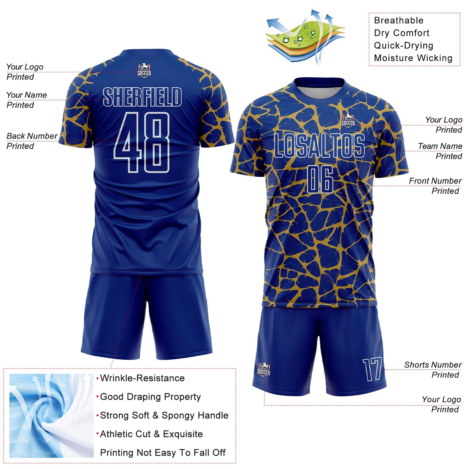 Custom Royal Old Gold-White Abstract Network Splash Sublimation Soccer Uniform Jersey view 4