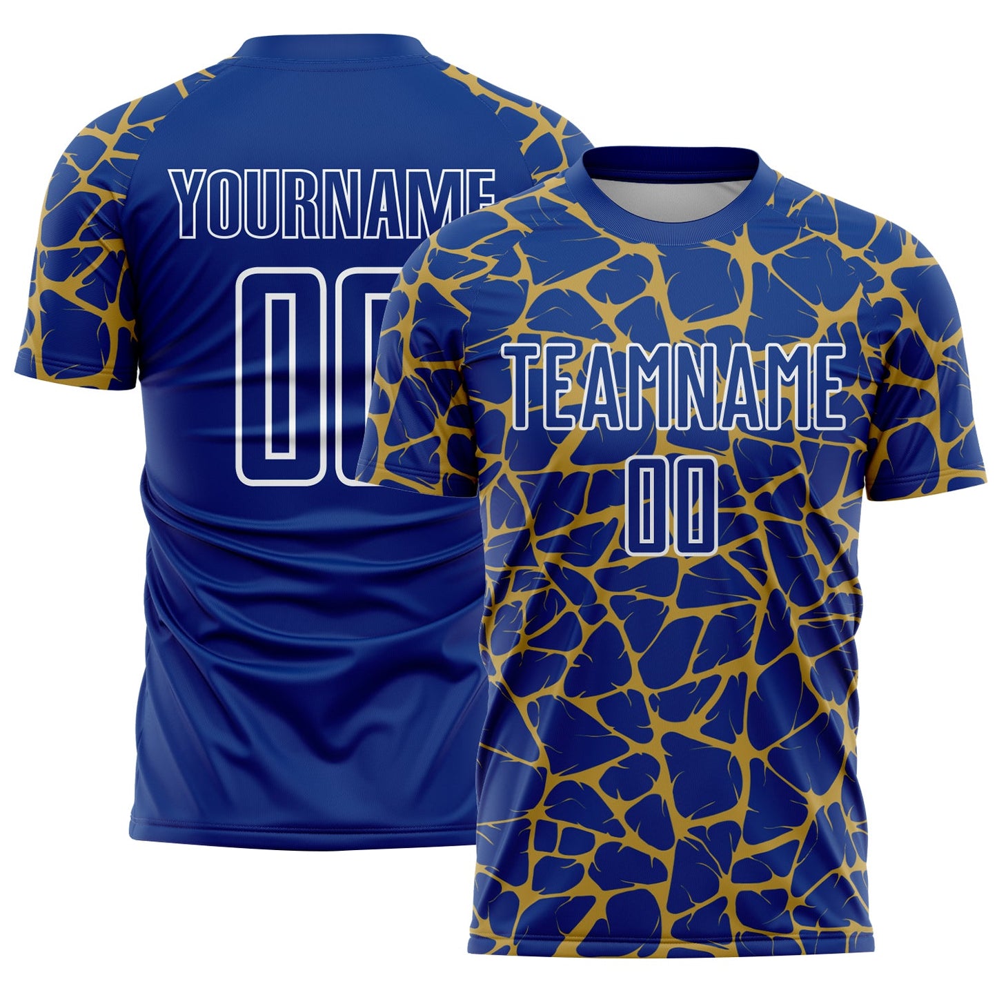 Custom Royal Old Gold-White Abstract Network Splash Sublimation Soccer Uniform Jersey - Main View