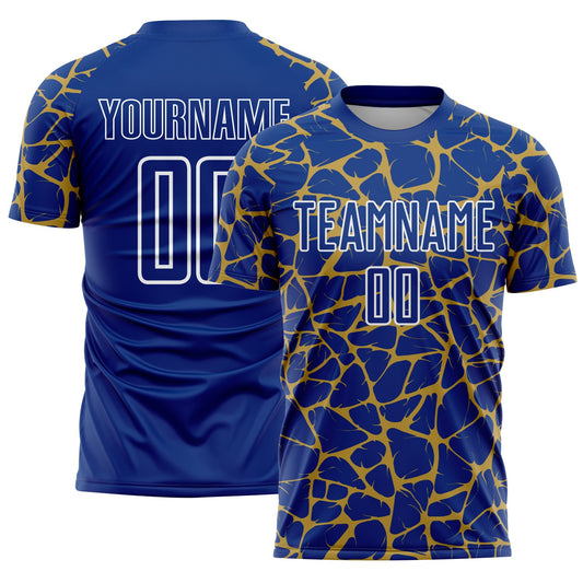 Custom Royal Old Gold-White Abstract Network Splash Sublimation Soccer Uniform Jersey - Main View