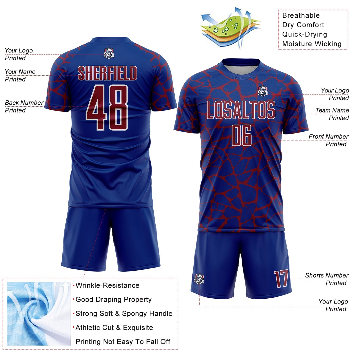 Custom Royal Crimson-White Abstract Network Splash Sublimation Soccer Uniform Jersey view 4