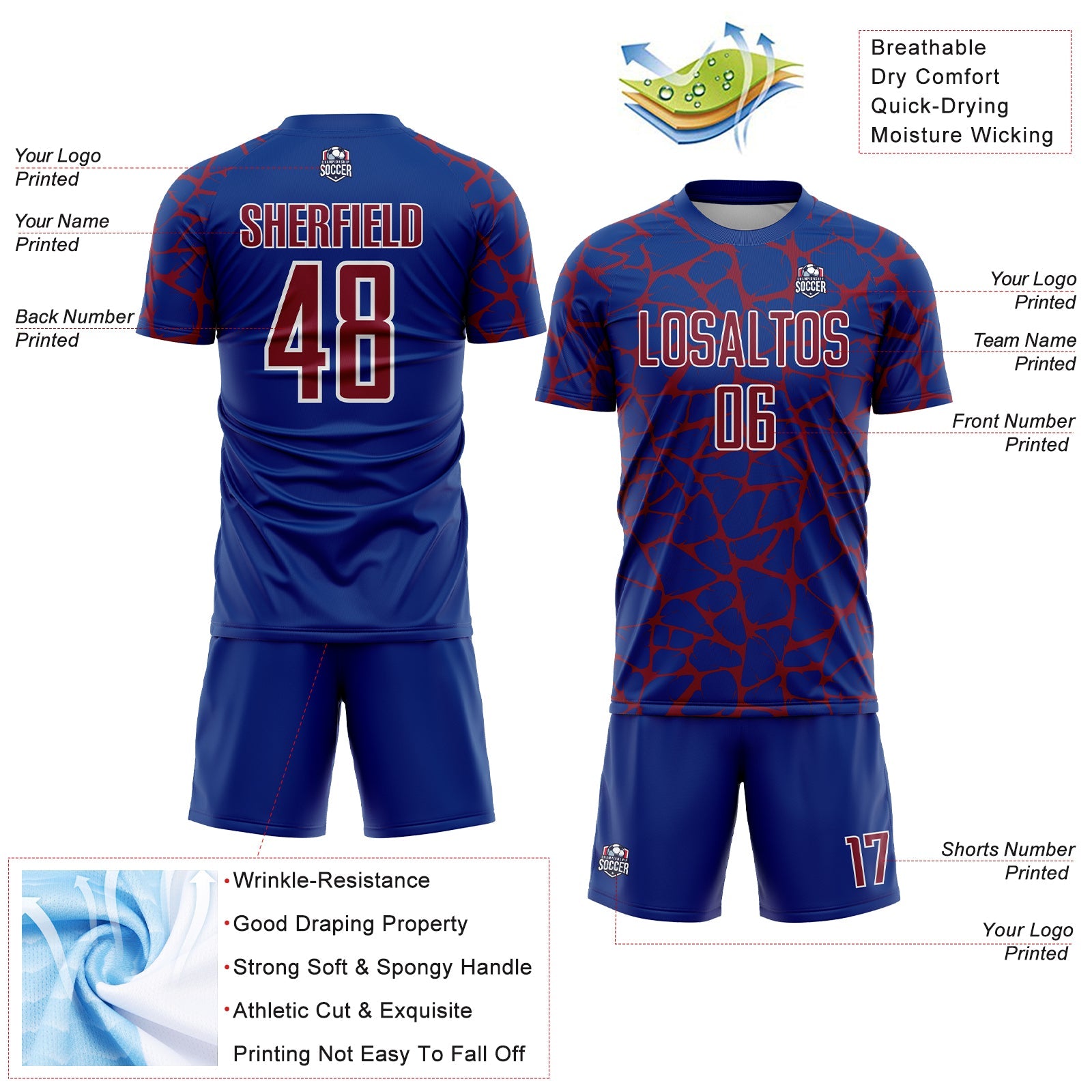 Custom Royal Crimson-White Abstract Network Splash Sublimation Soccer Uniform Jersey view 4