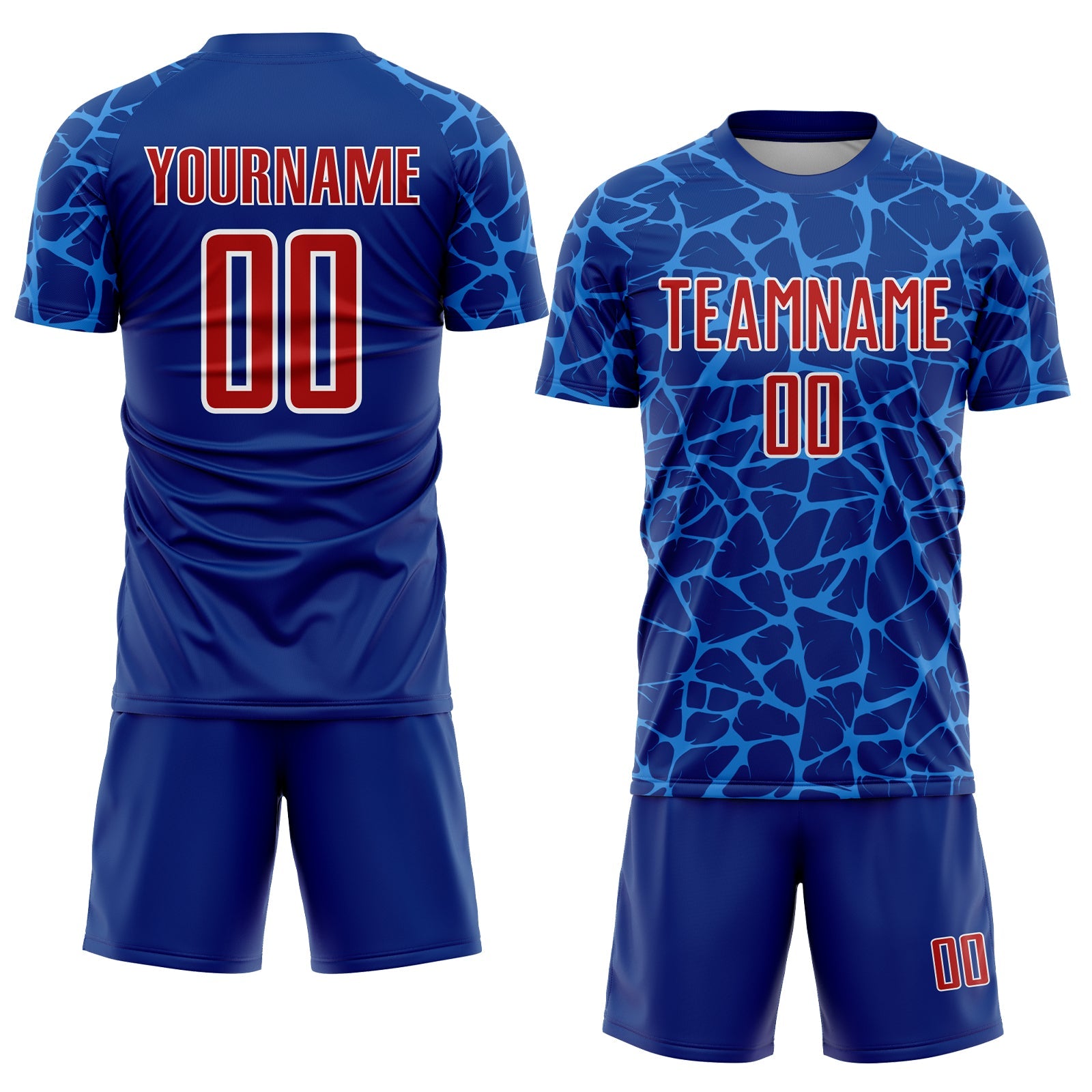Custom Royal Red-Powder Blue Abstract Network Splash Sublimation Soccer Uniform Jersey view 2