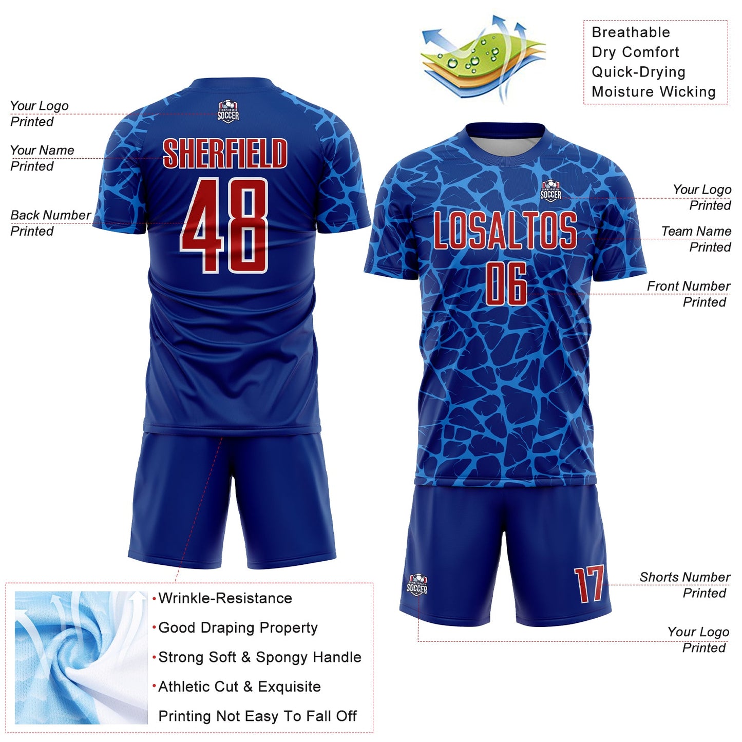 Custom Royal Red-Powder Blue Abstract Network Splash Sublimation Soccer Uniform Jersey view 4
