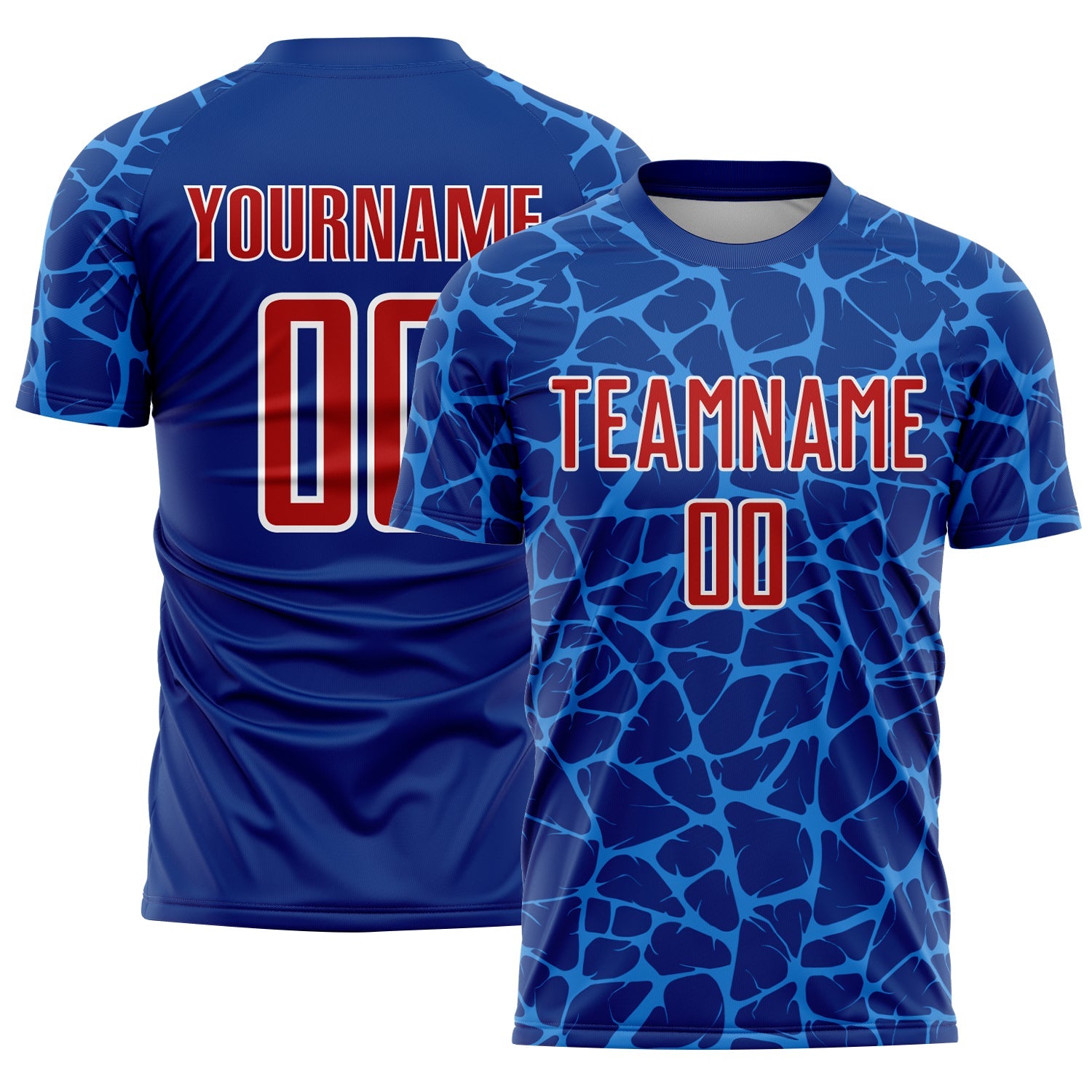 Custom Royal Red-Powder Blue Abstract Network Splash Sublimation Soccer Uniform Jersey - Main View