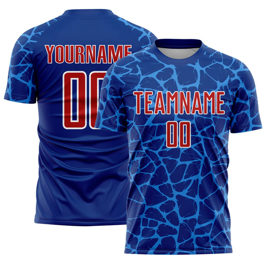 Custom Royal Red-Powder Blue Abstract Network Splash Sublimation Soccer Uniform Jersey - Main View