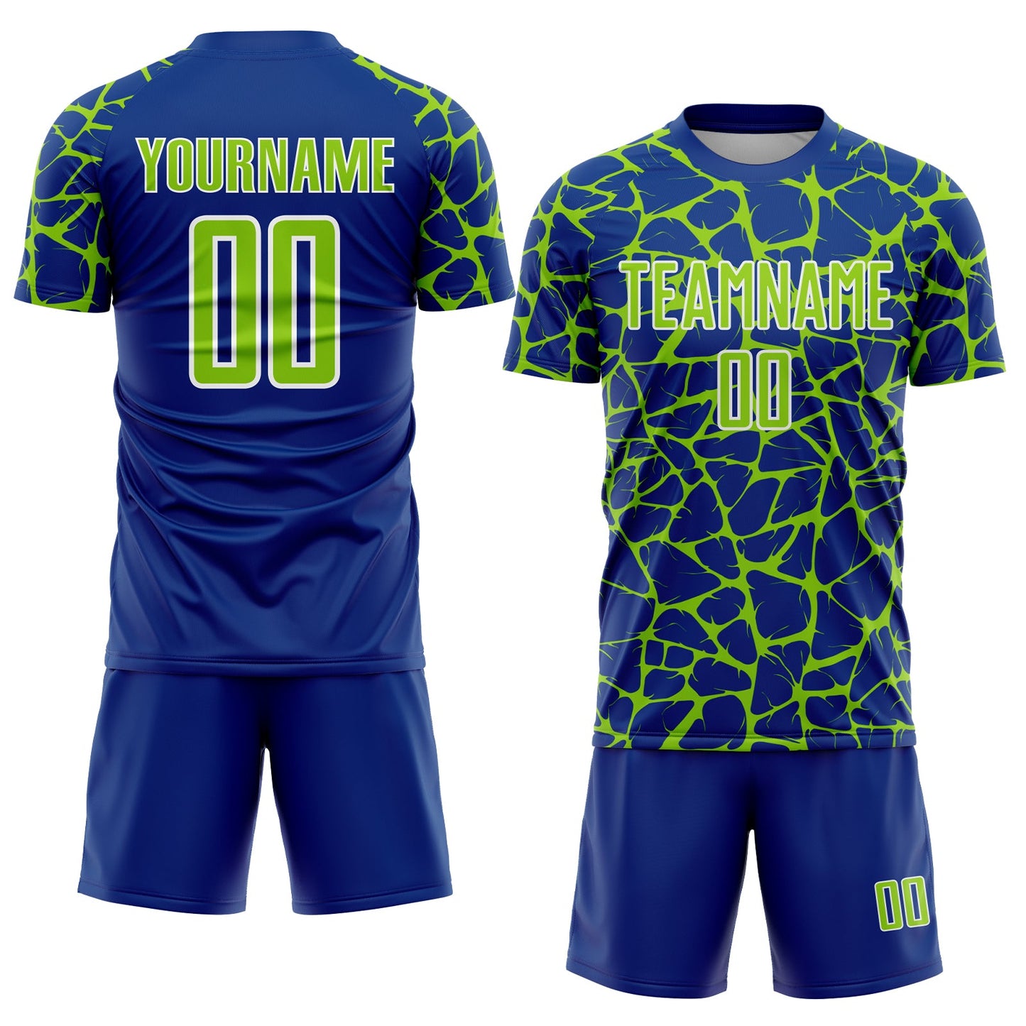 Custom Royal Neon Green-White Abstract Network Splash Sublimation Soccer Uniform Jersey view 2
