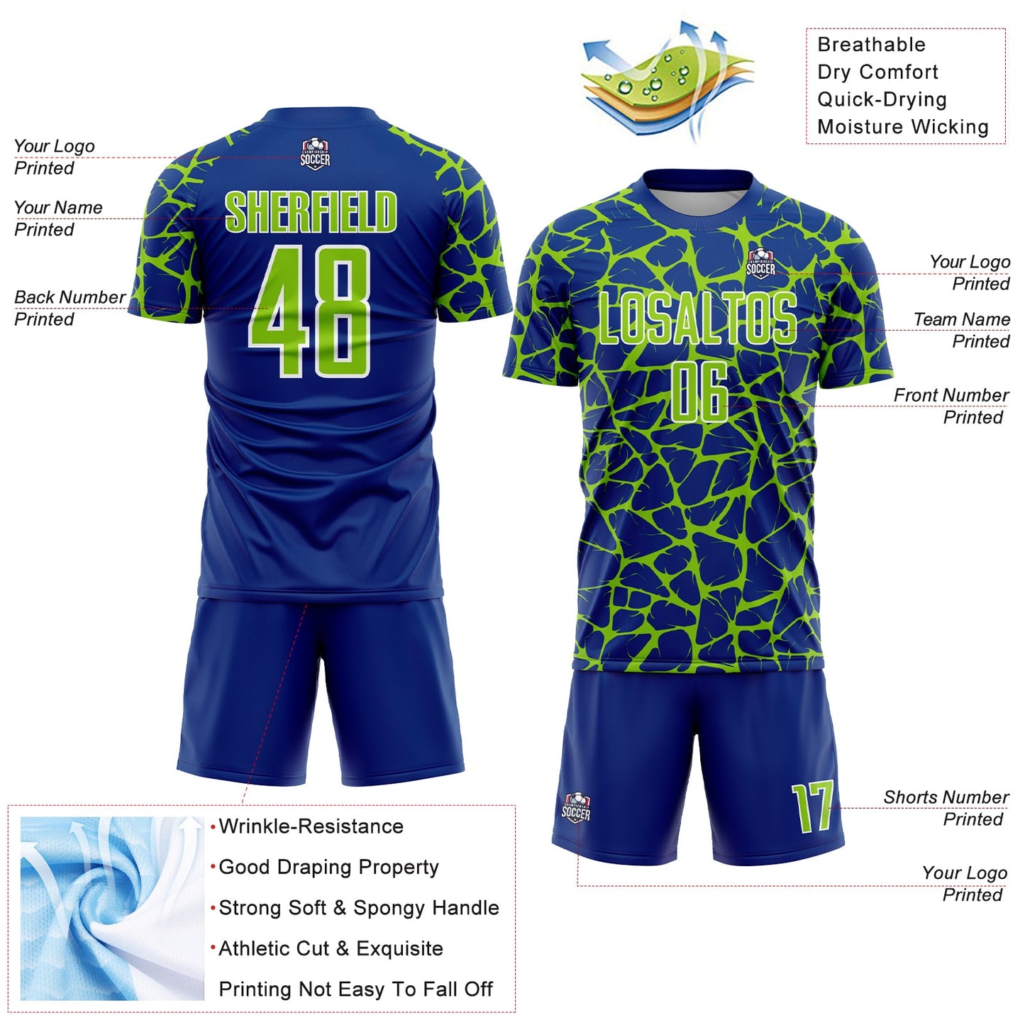 Custom Royal Neon Green-White Abstract Network Splash Sublimation Soccer Uniform Jersey view 4
