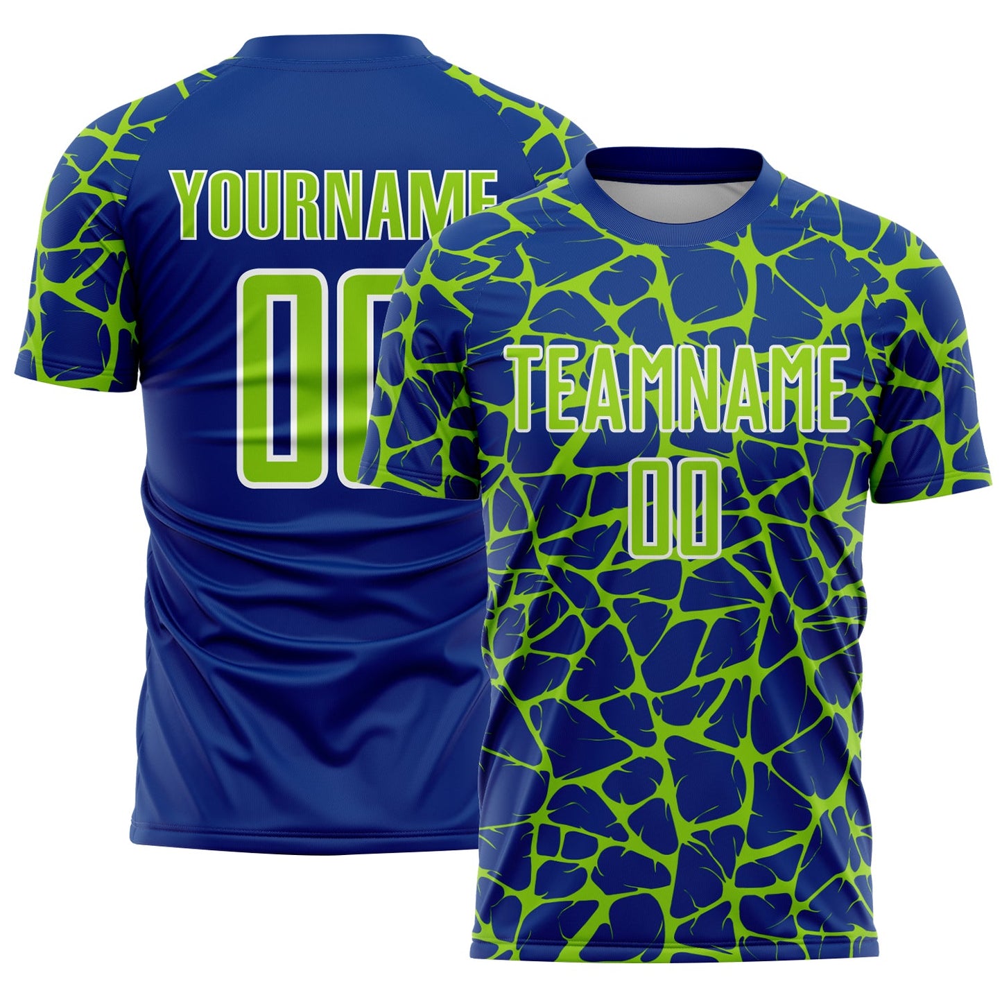 Custom Royal Neon Green-White Abstract Network Splash Sublimation Soccer Uniform Jersey - Main View