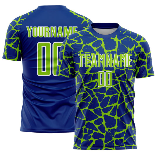 Custom Royal Neon Green-White Abstract Network Splash Sublimation Soccer Uniform Jersey - Main View
