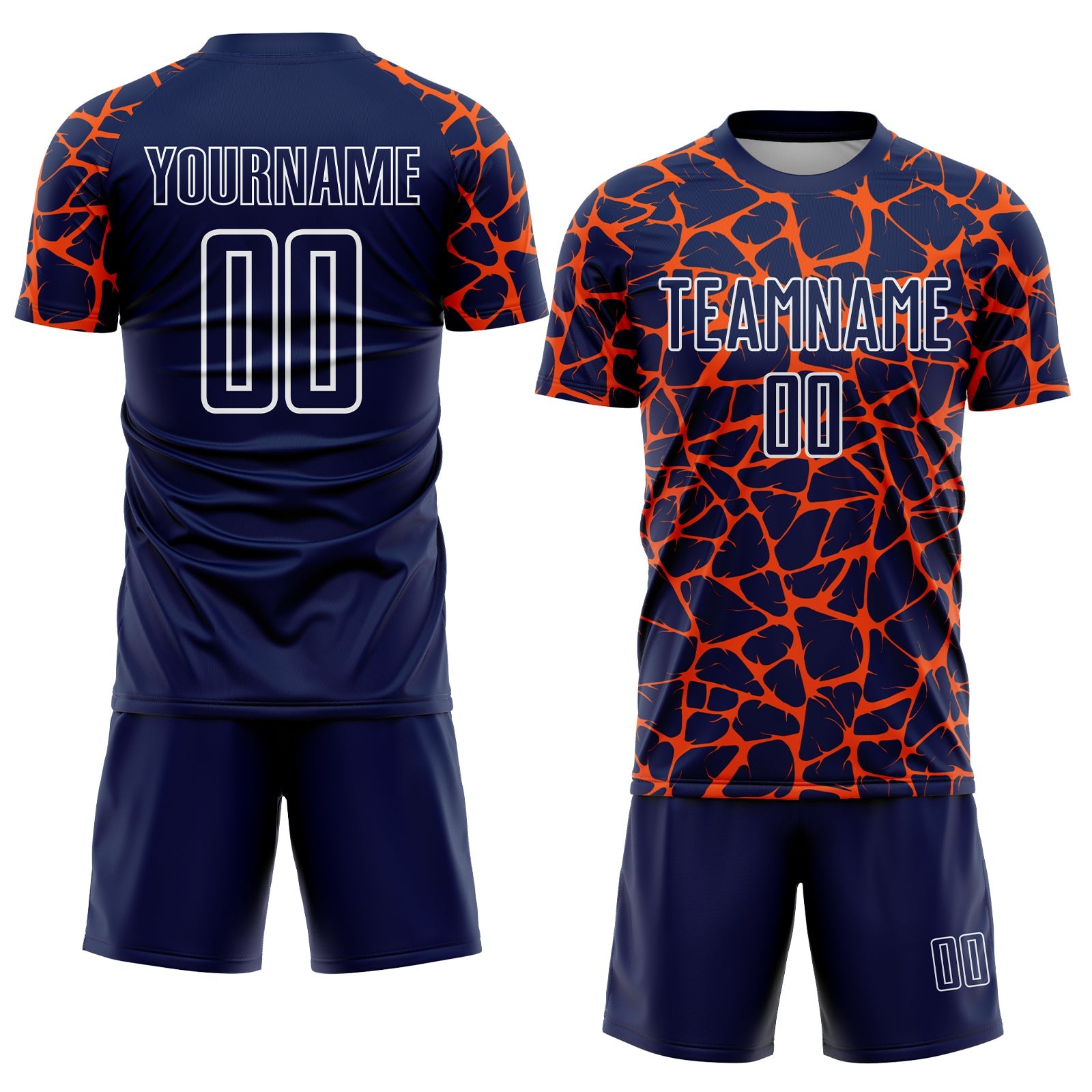 Custom Navy Orange-White Abstract Network Splash Sublimation Soccer Uniform Jersey view 2