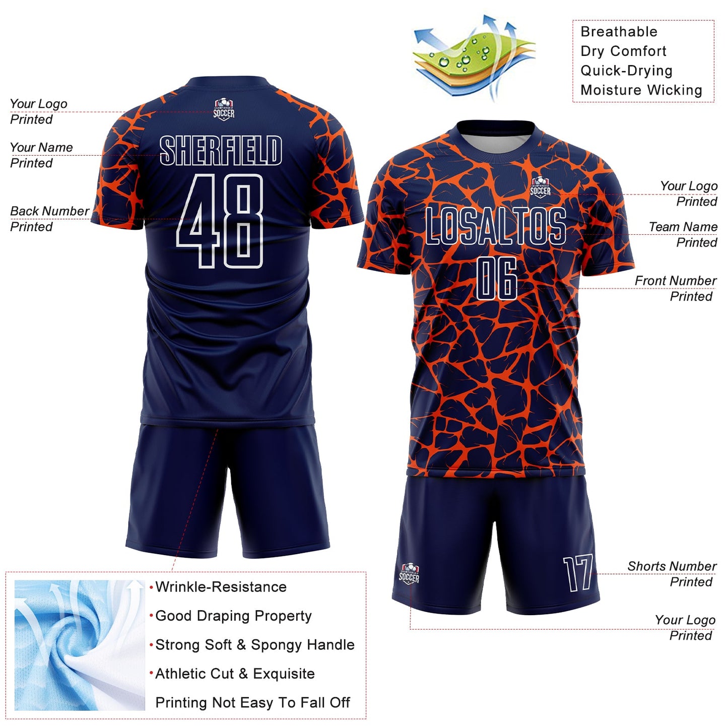 Custom Navy Orange-White Abstract Network Splash Sublimation Soccer Uniform Jersey view 4