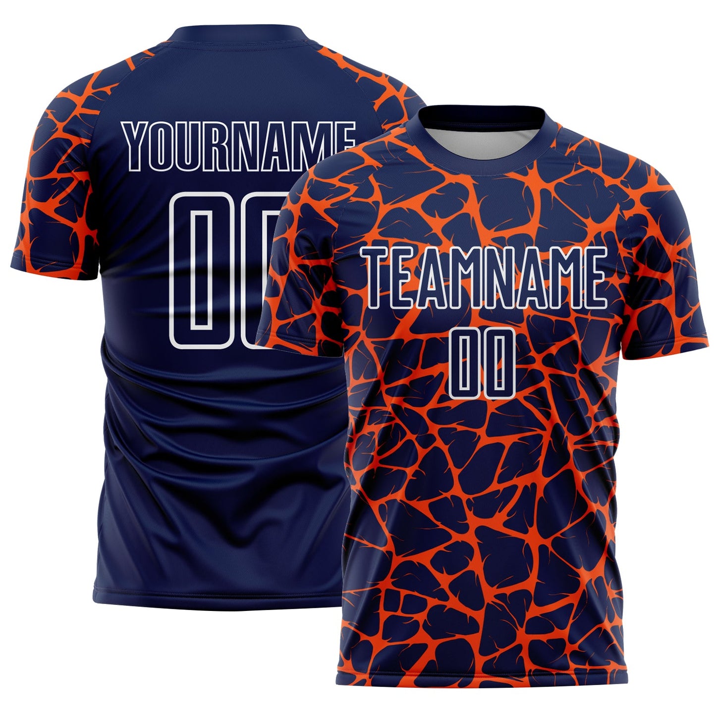 Custom Navy Orange-White Abstract Network Splash Sublimation Soccer Uniform Jersey - Main View