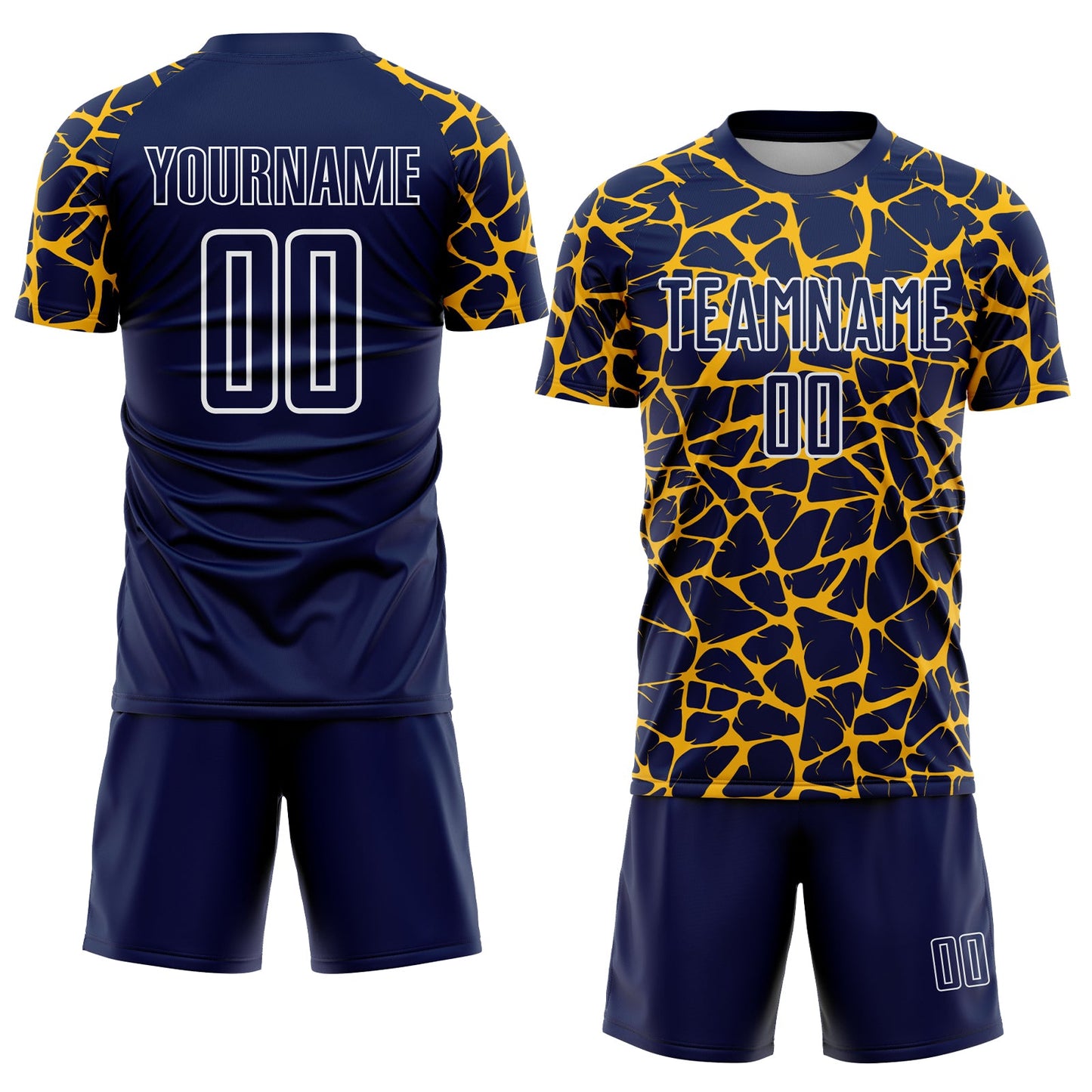 Custom Navy Gold-White Abstract Network Splash Sublimation Soccer Uniform Jersey view 2