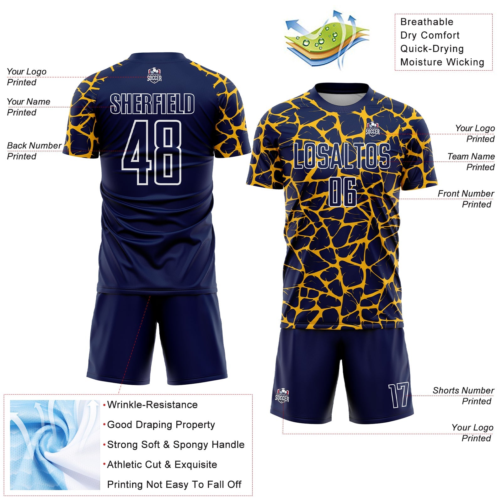 Custom Navy Gold-White Abstract Network Splash Sublimation Soccer Uniform Jersey view 4
