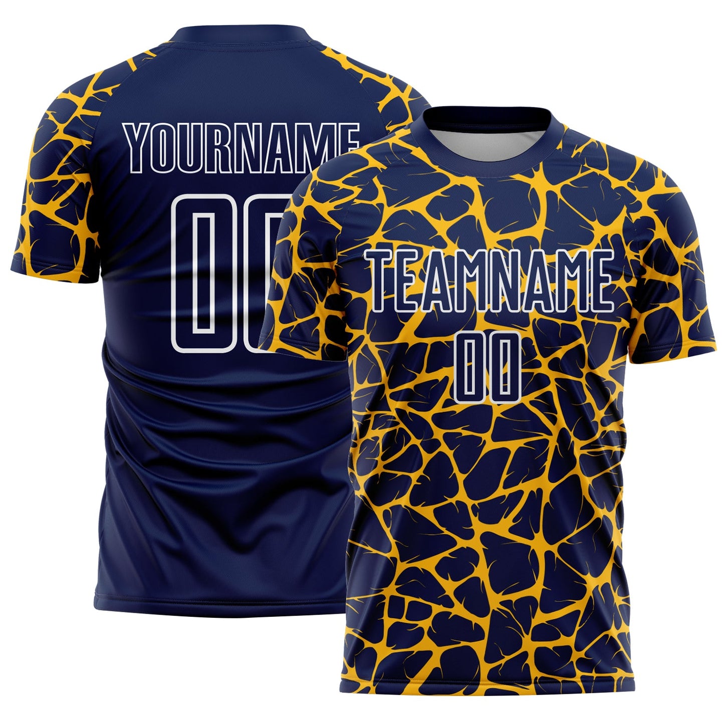 Custom Navy Gold-White Abstract Network Splash Sublimation Soccer Uniform Jersey - Main View
