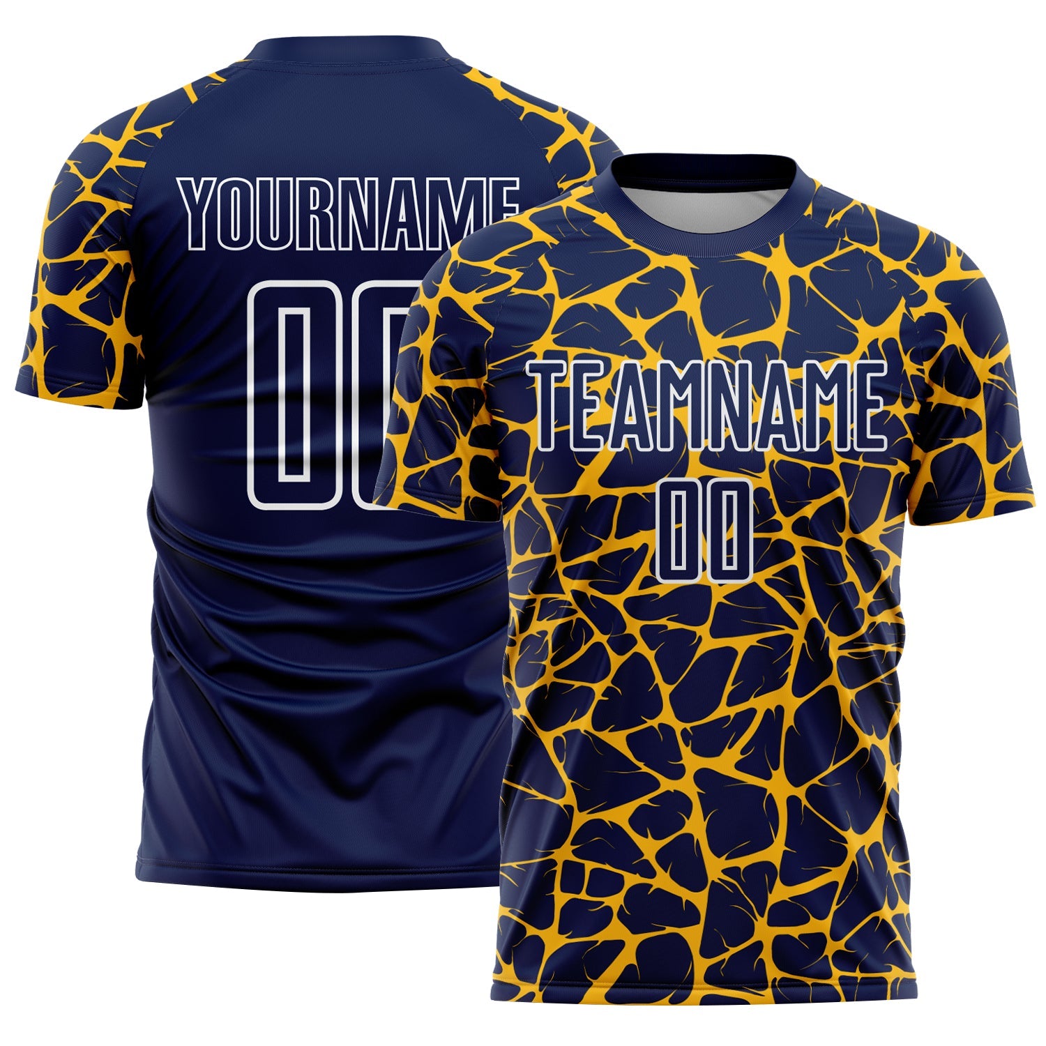 Custom Navy Gold-White Abstract Network Splash Sublimation Soccer Uniform Jersey - Main View