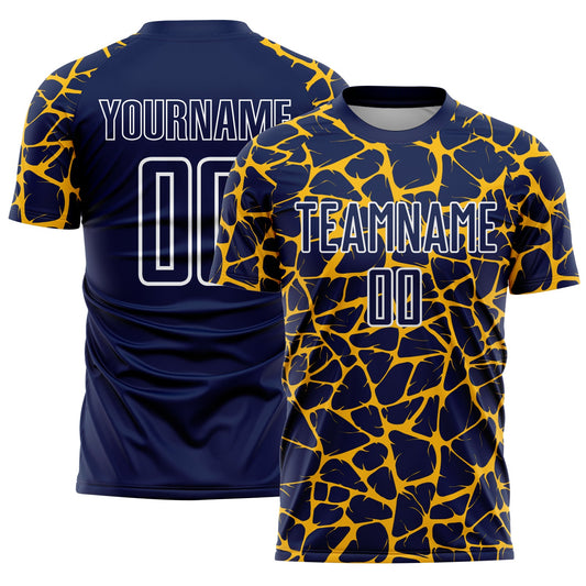 Custom Navy Gold-White Abstract Network Splash Sublimation Soccer Uniform Jersey - Main View