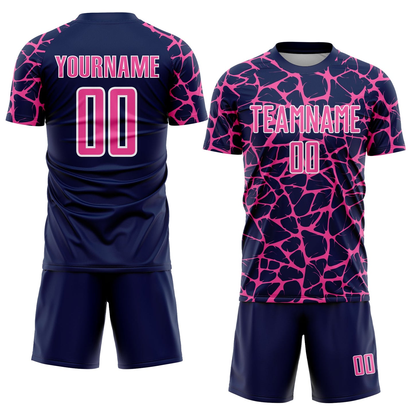 Custom Navy Pink-White Abstract Network Splash Sublimation Soccer Uniform Jersey view 2