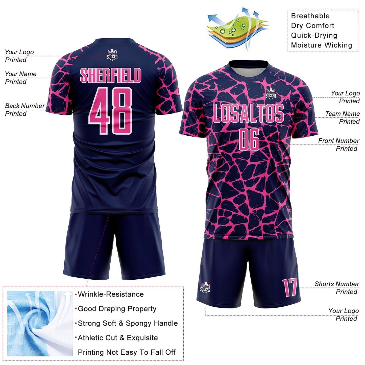 Custom Navy Pink-White Abstract Network Splash Sublimation Soccer Uniform Jersey view 4