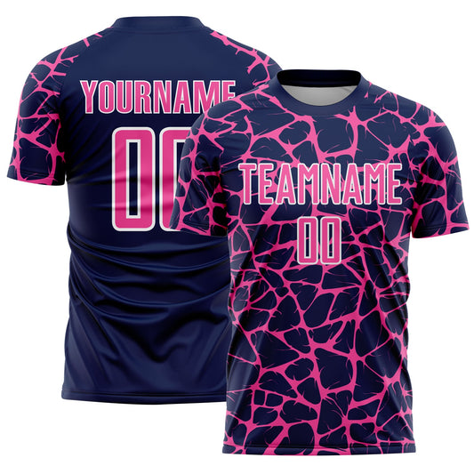 Custom Navy Pink-White Abstract Network Splash Sublimation Soccer Uniform Jersey - Main View