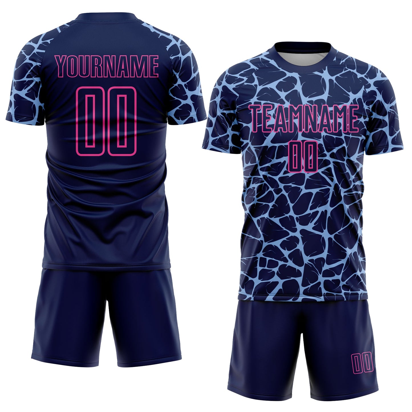 Custom Navy Light Blue-Pink Abstract Network Splash Sublimation Soccer Uniform Jersey view 2