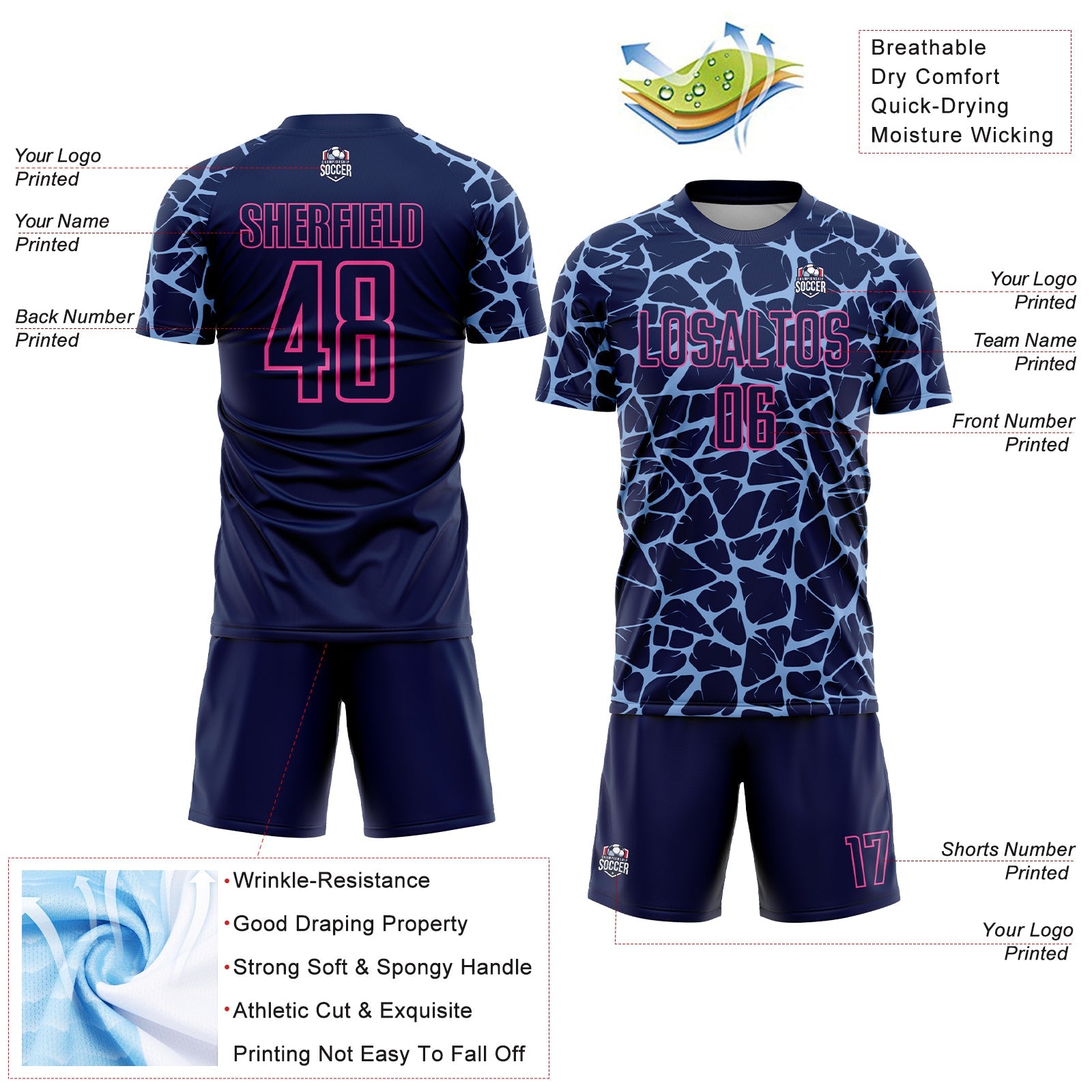 Custom Navy Light Blue-Pink Abstract Network Splash Sublimation Soccer Uniform Jersey view 4