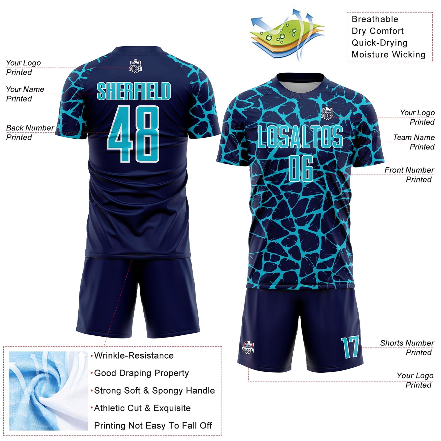Custom Navy Lakes Blue-White Abstract Network Splash Sublimation Soccer Uniform Jersey view 4