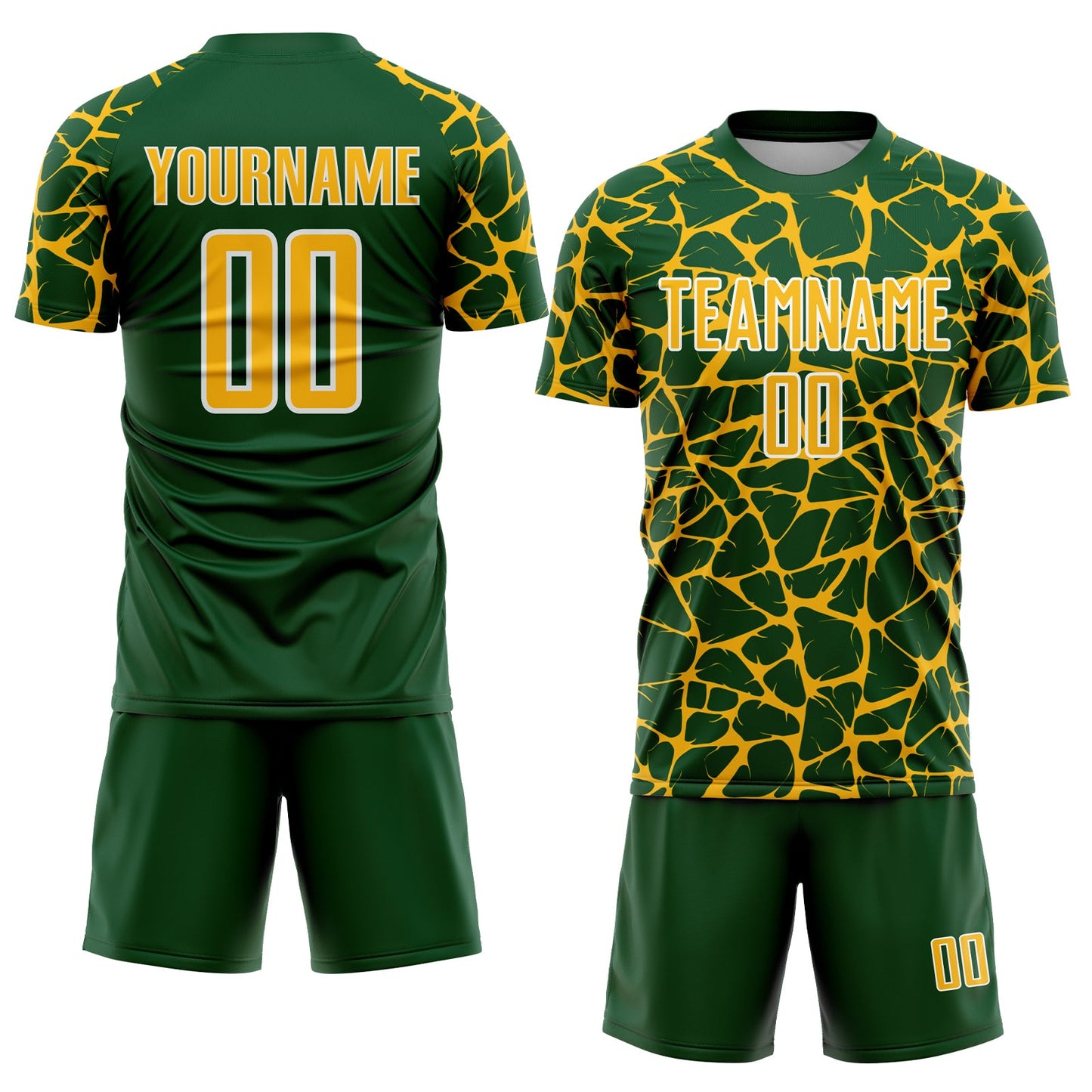 Custom Green Gold-White Abstract Network Splash Sublimation Soccer Uniform Jersey view 2