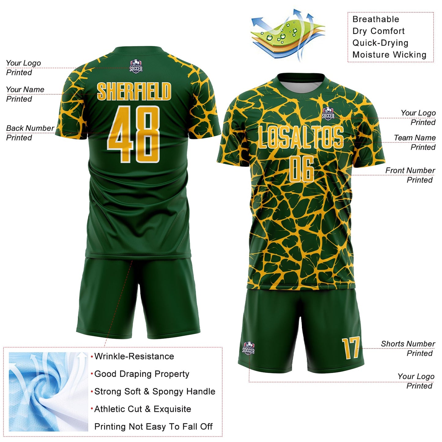 Custom Green Gold-White Abstract Network Splash Sublimation Soccer Uniform Jersey view 4