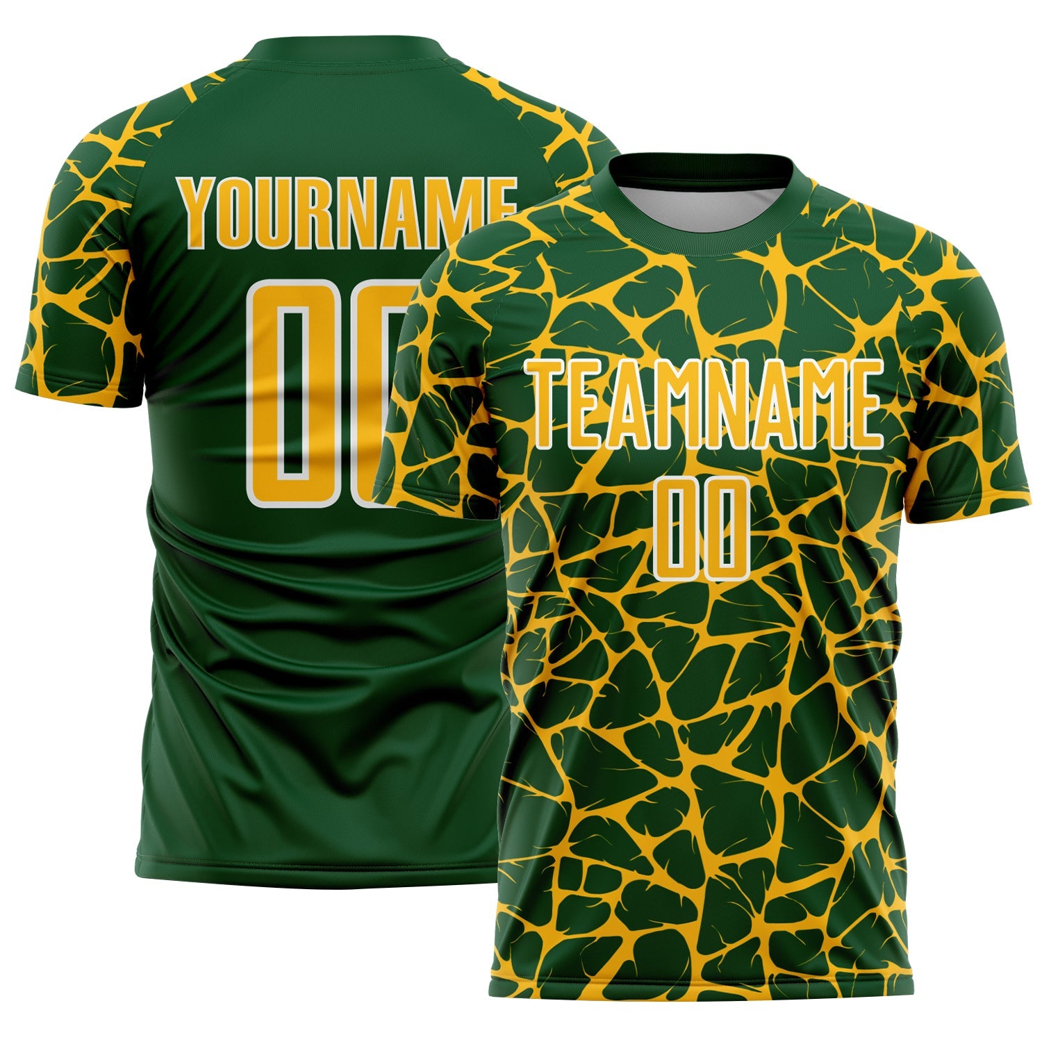 Custom Green Gold-White Abstract Network Splash Sublimation Soccer Uniform Jersey - Main View