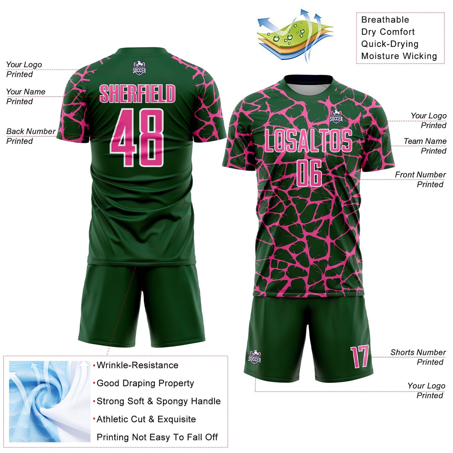 Custom Green Pink-White Abstract Network Splash Sublimation Soccer Uniform Jersey view 4