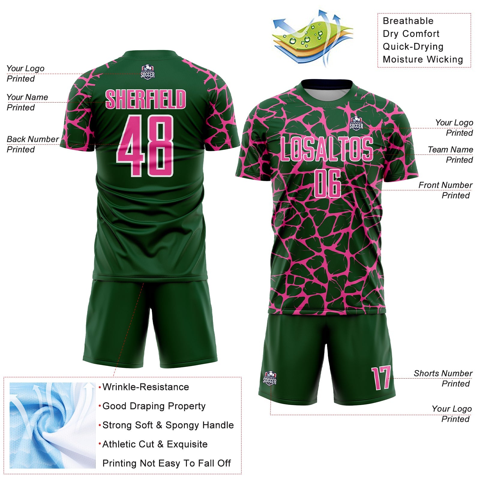 Custom Green Pink-White Abstract Network Splash Sublimation Soccer Uniform Jersey view 4